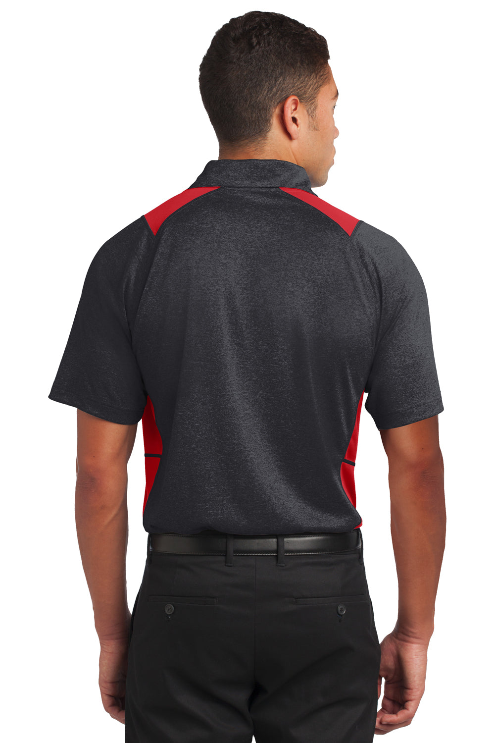 Sport-Tek ST665 Mens Heather Contender Moisture Wicking Short Sleeve Polo Shirt Graphite Grey/Red Back