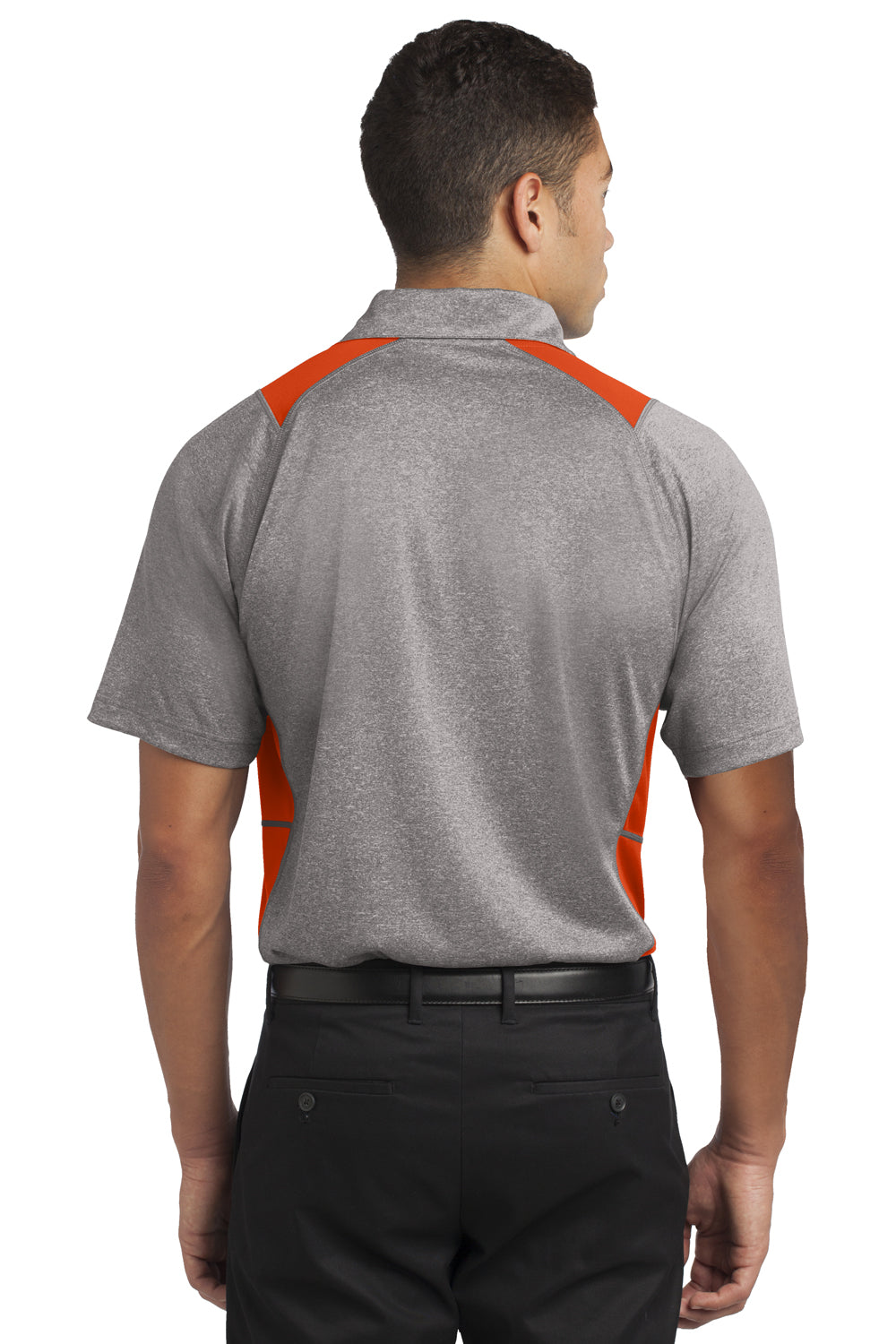 Sport-Tek ST665 Mens Heather Contender Moisture Wicking Short Sleeve Polo Shirt Vintage Grey/Orange Back