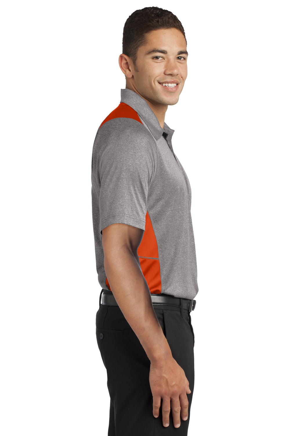 Sport-Tek ST665 Mens Heather Contender Moisture Wicking Short Sleeve Polo Shirt Vintage Grey/Orange Side