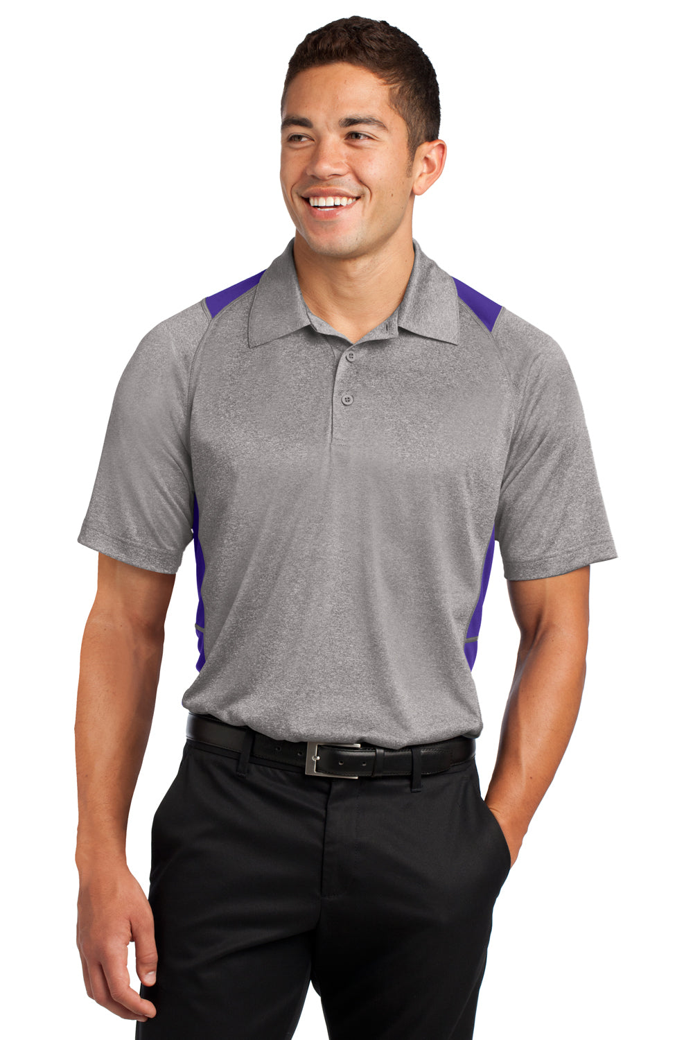 Sport-Tek ST665 Mens Heather Contender Moisture Wicking Short Sleeve Polo Shirt Vintage Grey/Purple Front