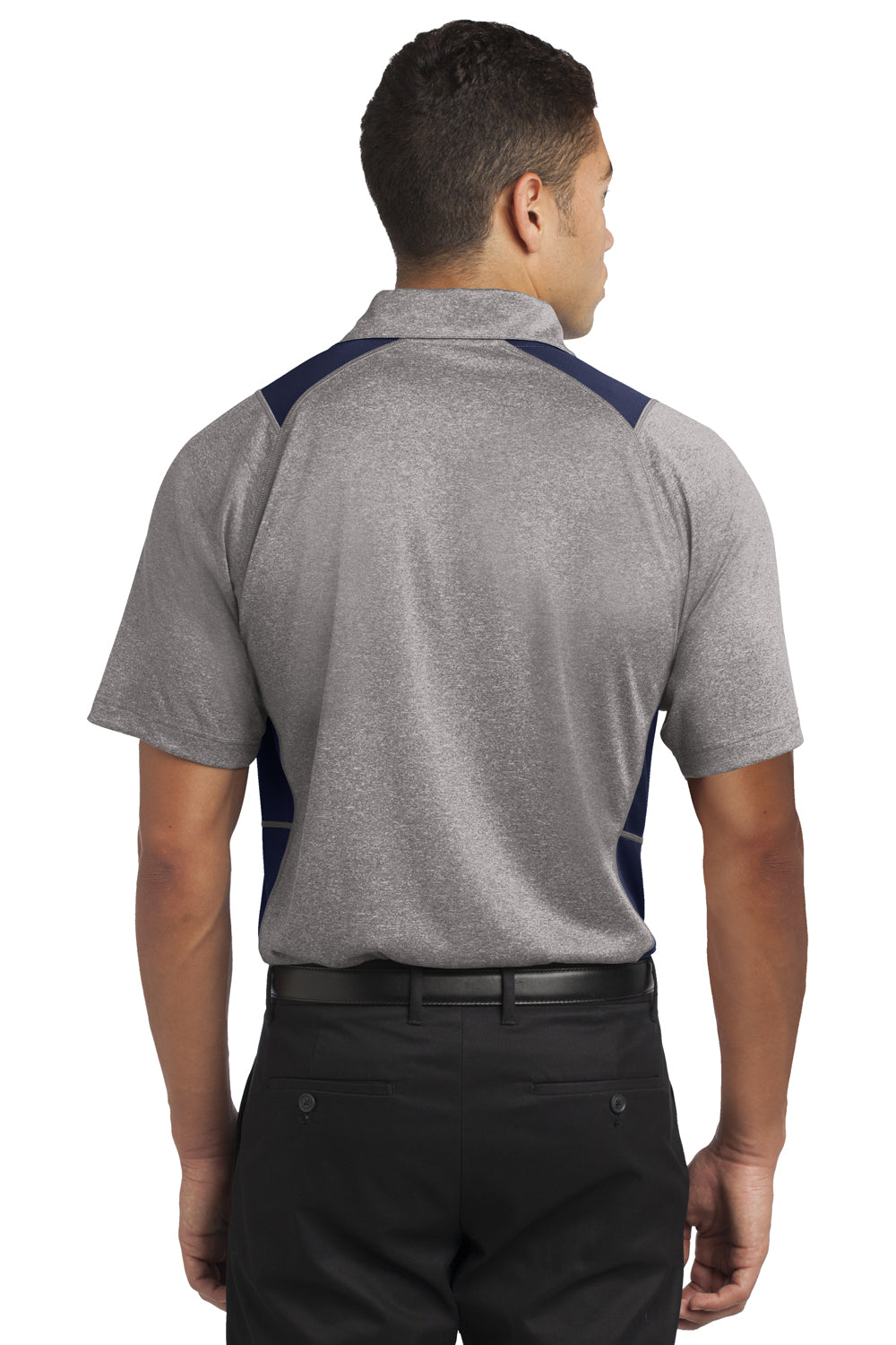 Sport-Tek ST665 Mens Heather Contender Moisture Wicking Short Sleeve Polo Shirt Vintage Grey/Navy Blue Back