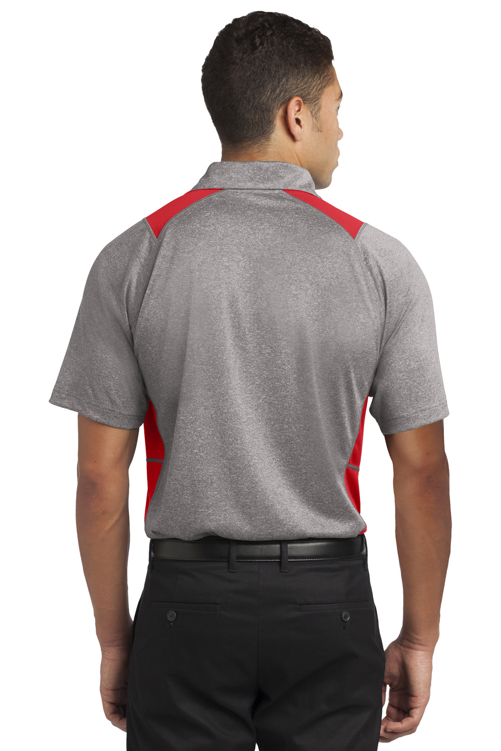 Sport-Tek ST665 Mens Heather Contender Moisture Wicking Short Sleeve Polo Shirt Vintage Grey/Red Back