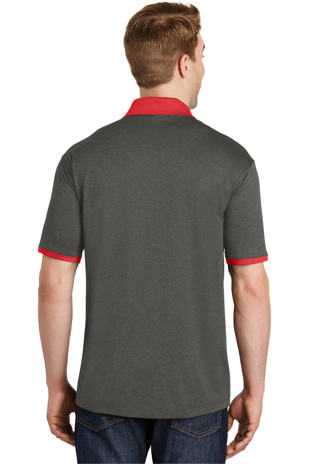 Sport-Tek ST667 Mens Heather Contender Moisture Wicking Short Sleeve Polo Shirt Graphite Grey/Red Back