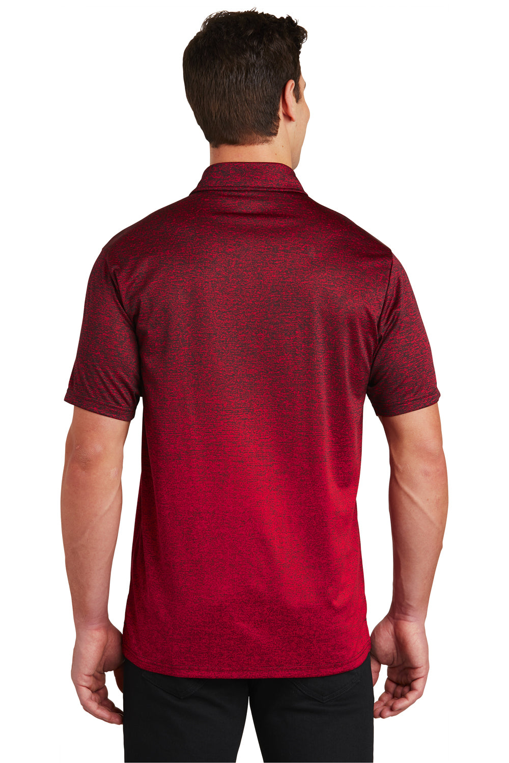 Sport-Tek ST671 Mens Ombre Heather Moisture Wicking Short Sleeve Polo Shirt Red/Black Back