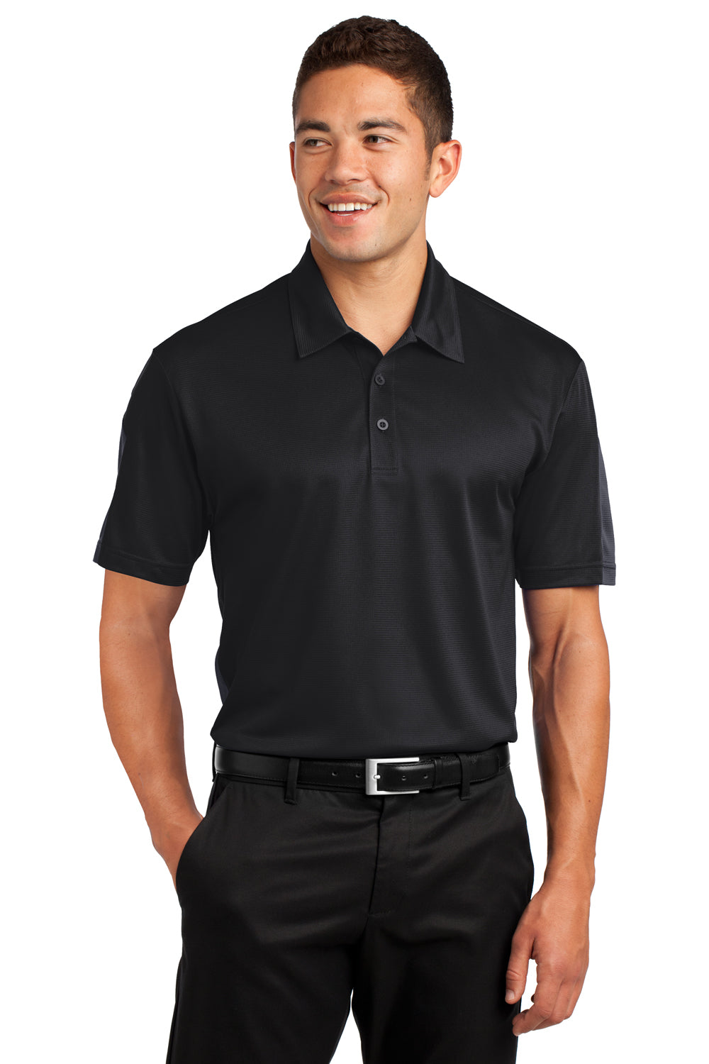 Sport-Tek ST695 Mens Active Mesh Moisture Wicking Short Sleeve Polo Shirt Black/Grey Front