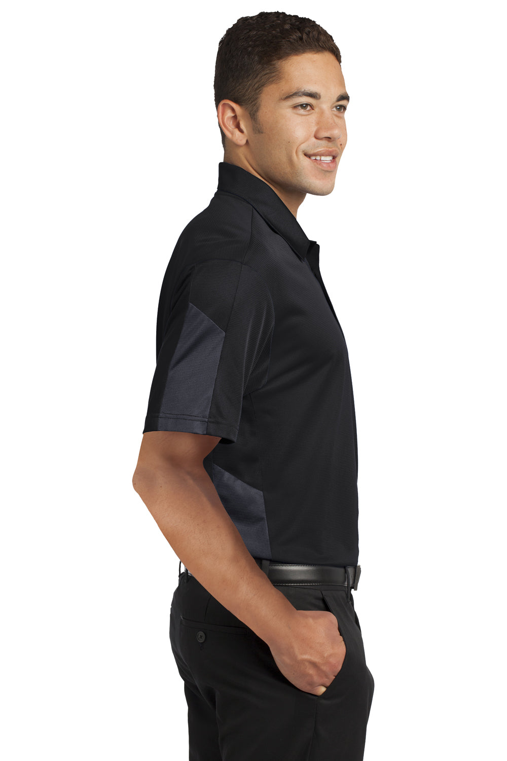 Sport-Tek ST695 Mens Active Mesh Moisture Wicking Short Sleeve Polo Shirt Black/Grey Side