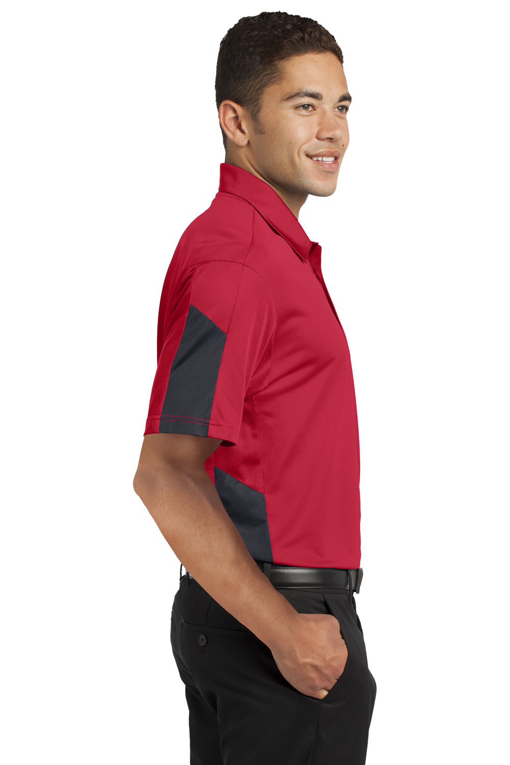 Sport-Tek ST695 Mens Active Mesh Moisture Wicking Short Sleeve Polo Shirt Red/Grey Side