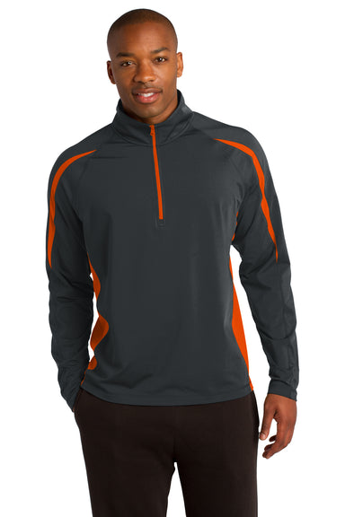 Sport-Tek ST851 Mens Sport-Wick Moisture Wicking 1/4 Zip Sweatshirt Charcoal Grey/Orange Front