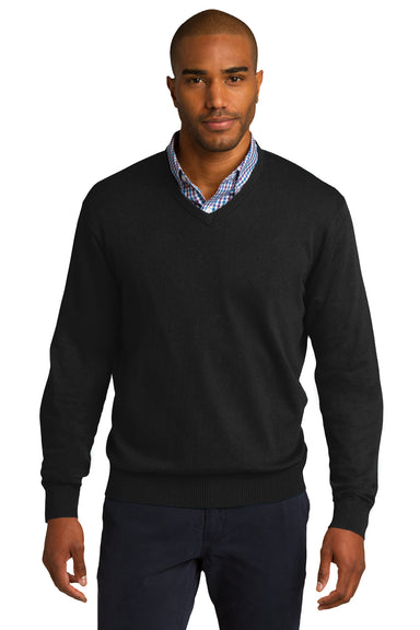Port Authority SW285 Mens Long Sleeve V-Neck Sweater Black Front