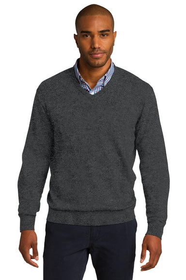 Port Authority SW285 Mens Long Sleeve V-Neck Sweater Heather Charcoal Grey Front