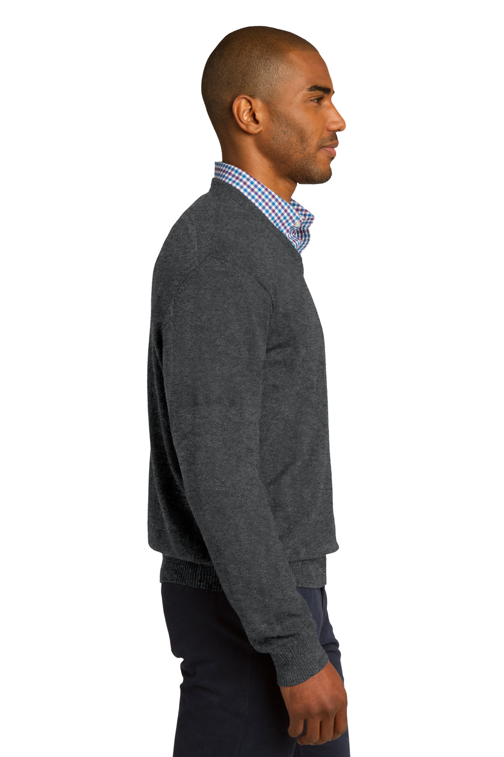 Port Authority SW285 Mens Long Sleeve V-Neck Sweater Heather Charcoal Grey Side