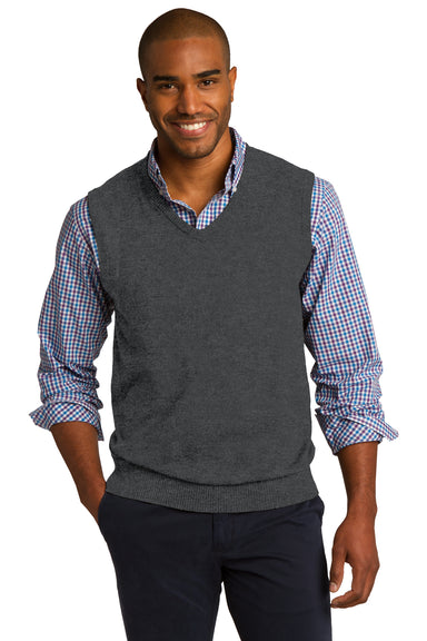 Port Authority SW286 Mens V-Neck Sweater Vest Heather Charcoal Grey Front