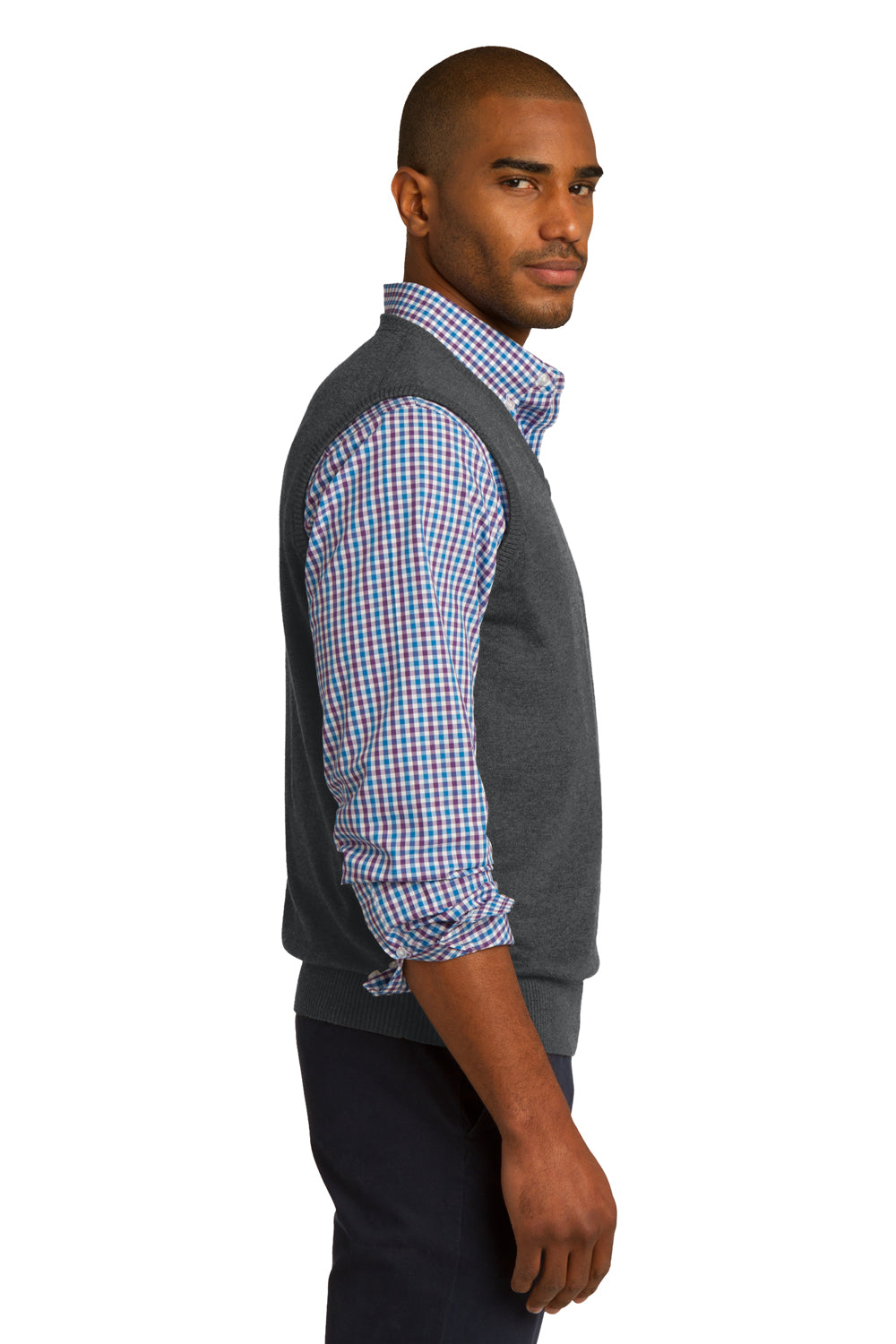 Port Authority SW286 Mens V-Neck Sweater Vest Heather Charcoal Grey Side