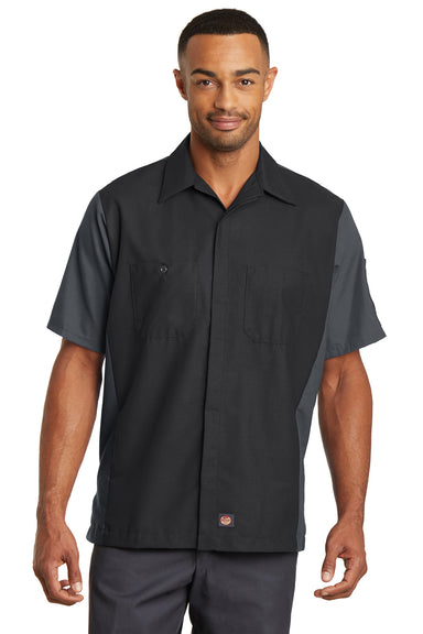 Red Kap SY20 Mens Crew Moisture Wicking Short Sleeve Button Down Shirt w/ Double Pockets Black/Charcoal Grey Front