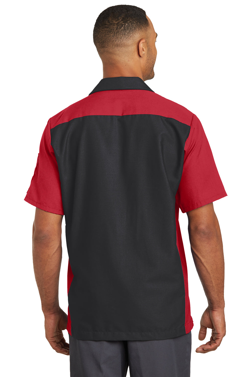 Red Kap SY20 Mens Crew Moisture Wicking Short Sleeve Button Down Shirt w/ Double Pockets Black/Red Back