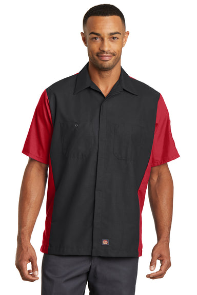 Red Kap SY20 Mens Crew Moisture Wicking Short Sleeve Button Down Shirt w/ Double Pockets Black/Red Front
