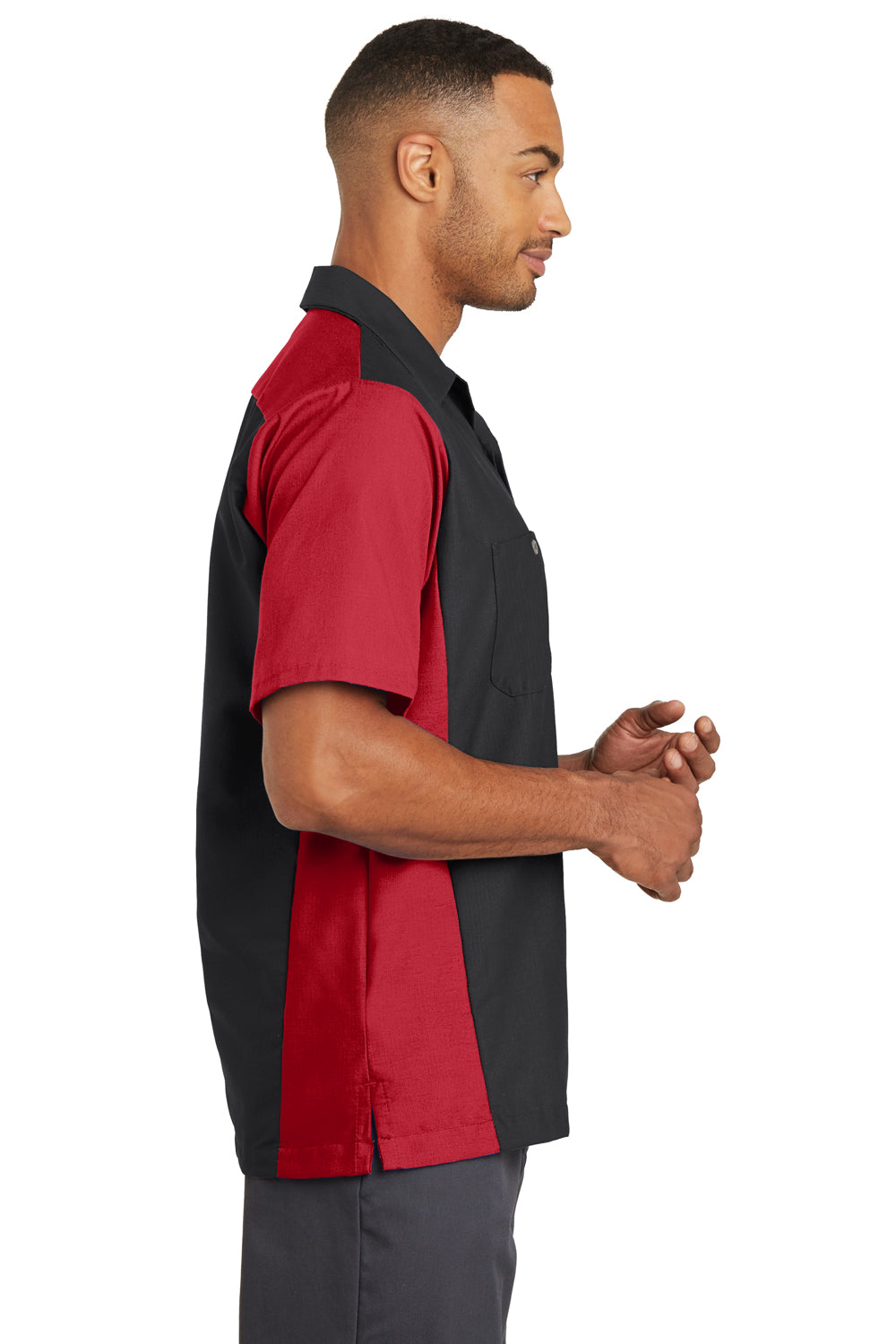 Red Kap SY20 Mens Crew Moisture Wicking Short Sleeve Button Down Shirt w/ Double Pockets Black/Red Side