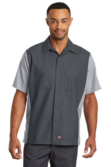 Red Kap SY20 Mens Crew Moisture Wicking Short Sleeve Button Down Shirt w/ Double Pockets Charcoal Grey/Light Grey Front