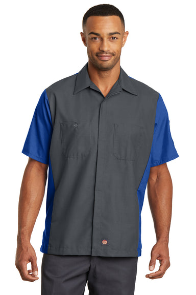 Red Kap SY20 Mens Crew Moisture Wicking Short Sleeve Button Down Shirt w/ Double Pockets Charcoal Grey/Royal Blue Front