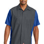 Red Kap Mens Crew Moisture Wicking Short Sleeve Button Down Shirt w/ Double Pockets - Charcoal Grey/Royal Blue