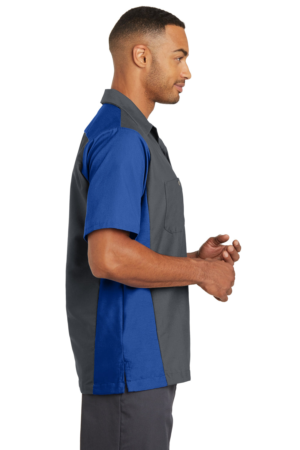 Red Kap SY20 Mens Crew Moisture Wicking Short Sleeve Button Down Shirt w/ Double Pockets Charcoal Grey/Royal Blue Side