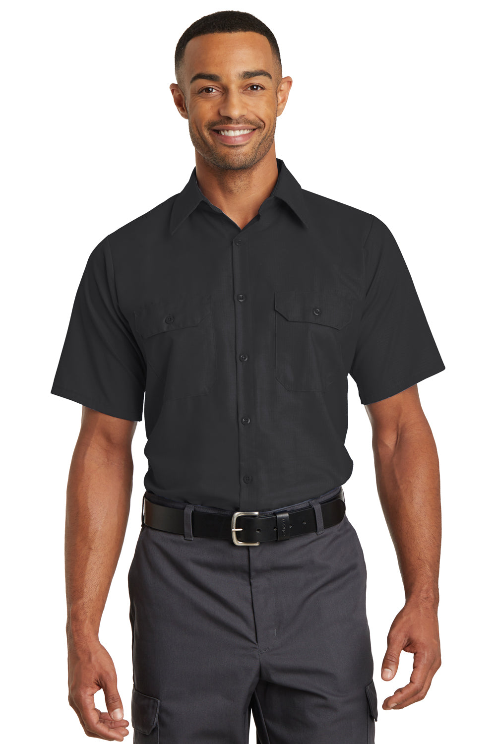 Red Kap SY60 Mens Moisture Wicking Short Sleeve Button Down Shirt w/ Double Pockets Black Front