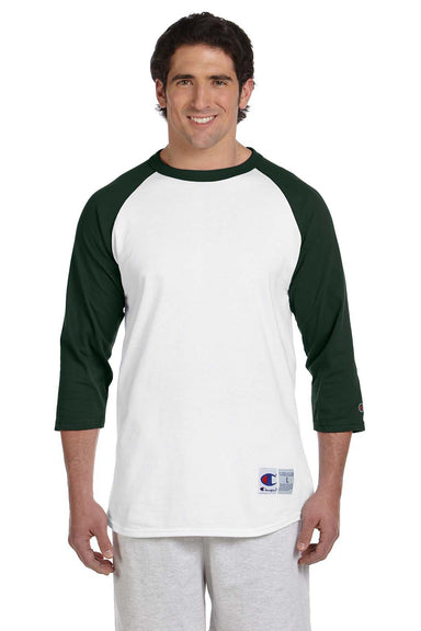 Champion T1397 Mens 3/4 Sleeve Crewneck T-Shirt White/Dark Green Front
