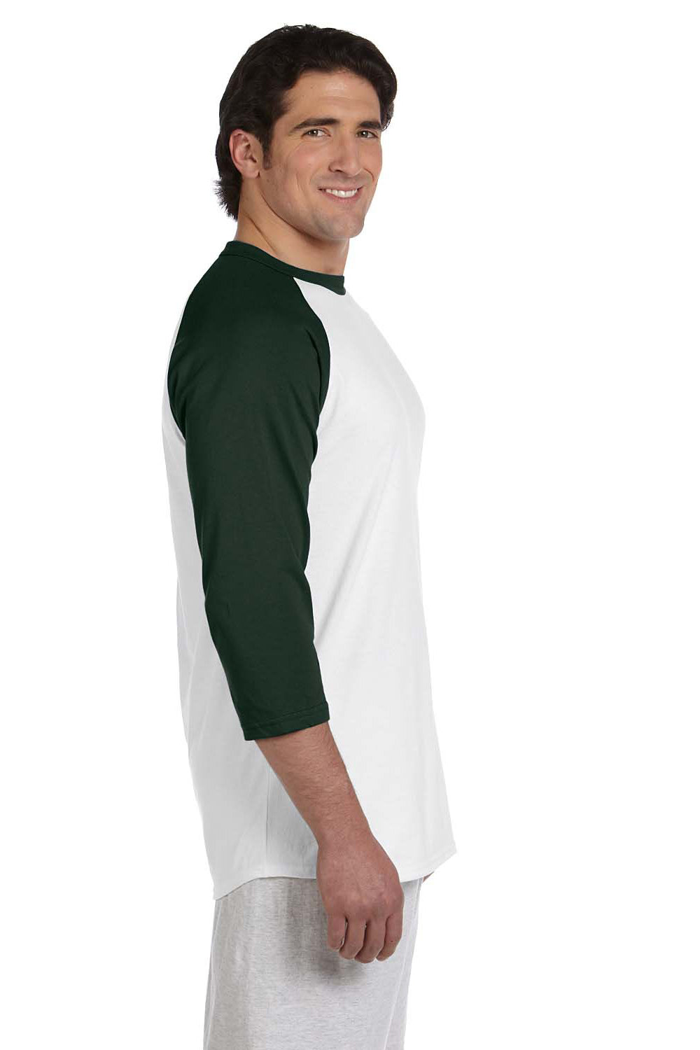 Champion T1397 Mens 3/4 Sleeve Crewneck T-Shirt White/Dark Green Side