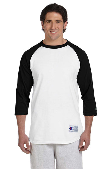 Champion T1397 Mens 3/4 Sleeve Crewneck T-Shirt White/Black Front