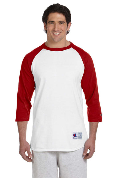 Champion T1397 Mens 3/4 Sleeve Crewneck T-Shirt White/Red Front