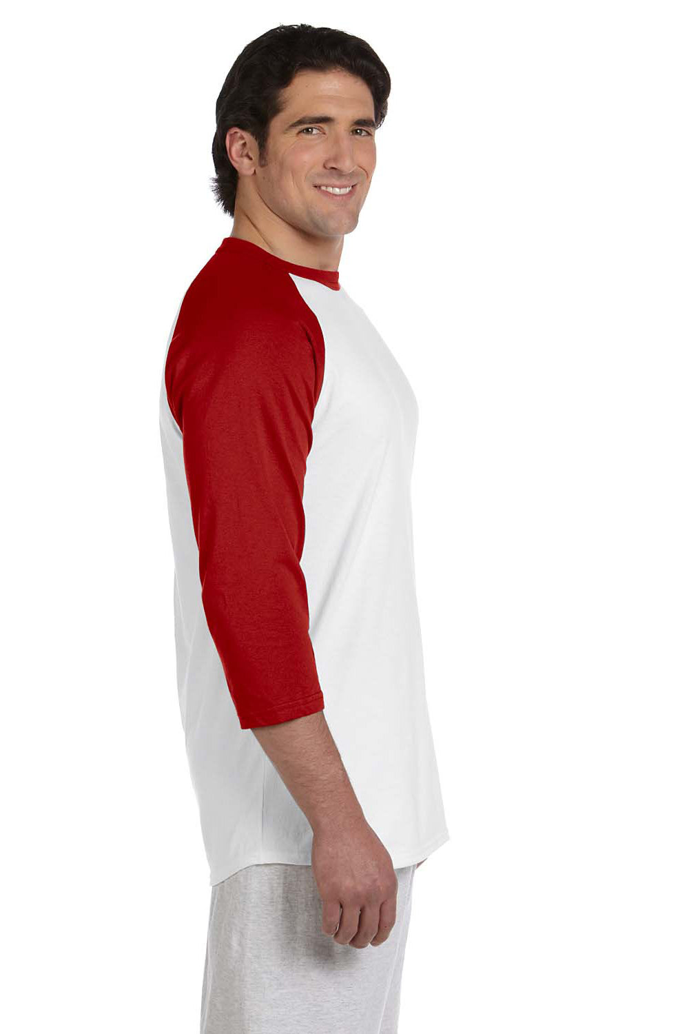 Champion T1397 Mens 3/4 Sleeve Crewneck T-Shirt White/Red Side