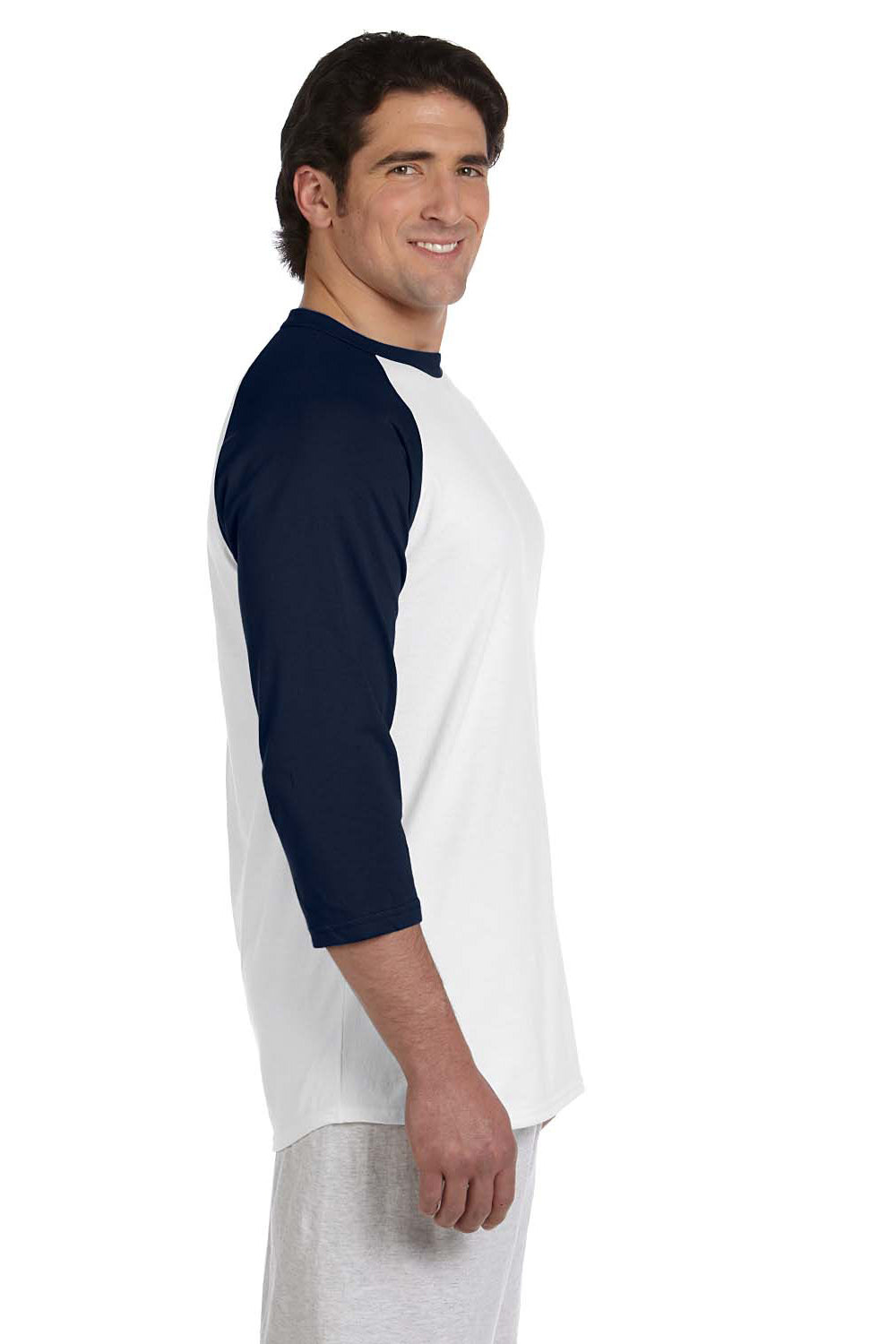 Champion T1397 Mens 3/4 Sleeve Crewneck T-Shirt White/Navy Blue Side