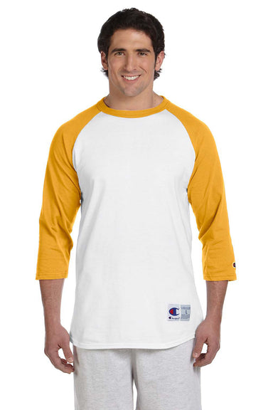 Champion T1397 Mens 3/4 Sleeve Crewneck T-Shirt White/Gold Front