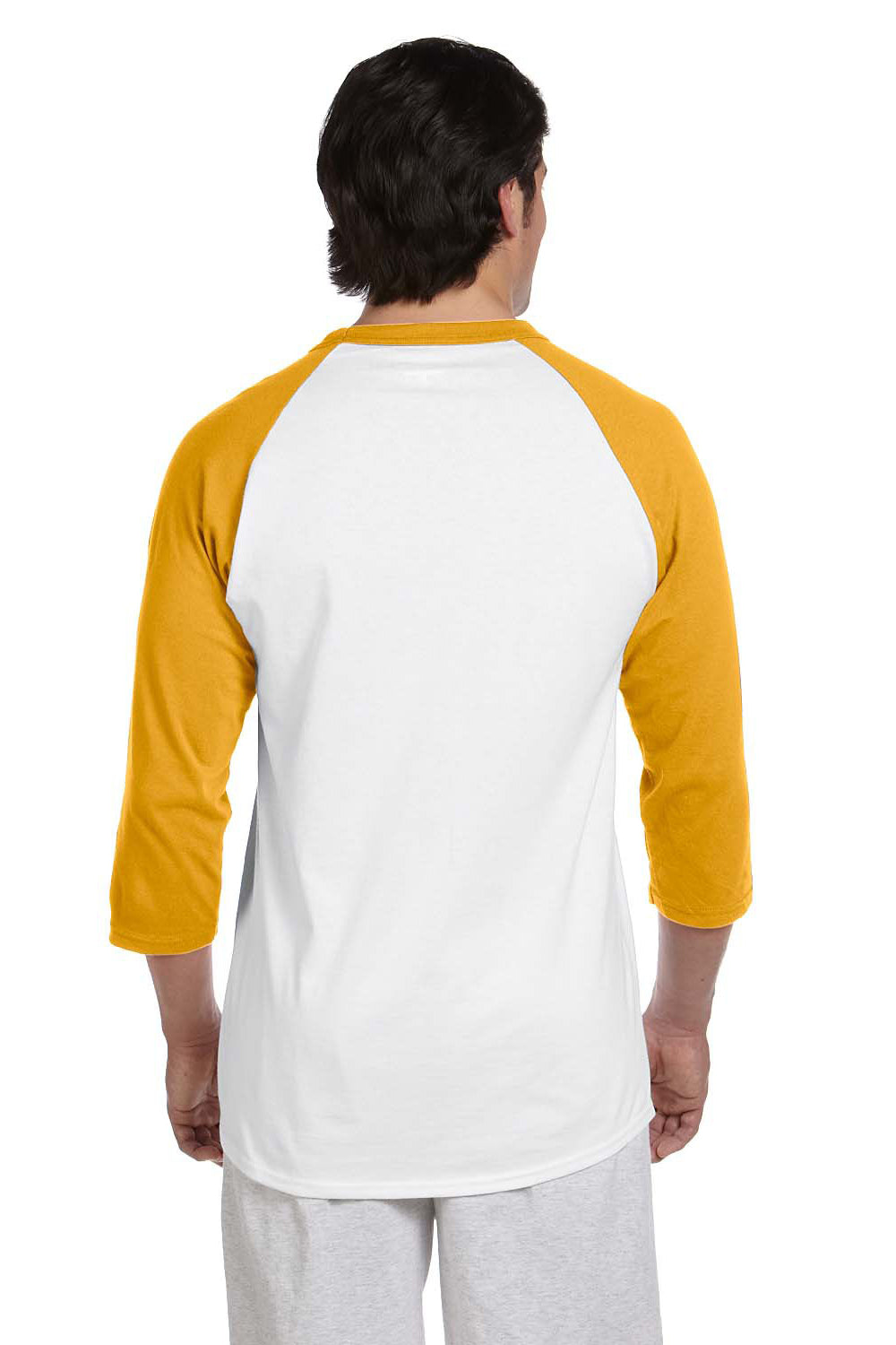 Champion T1397 Mens 3/4 Sleeve Crewneck T-Shirt White/Gold Back