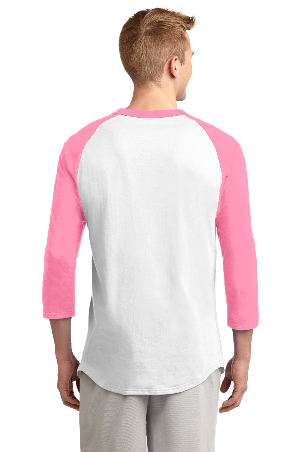 Sport-Tek T200 Mens 3/4 Sleeve Crewneck T-Shirt White/Pink Back