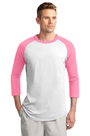 Sport-Tek T200 Mens 3/4 Sleeve Crewneck T-Shirt White/Pink Front