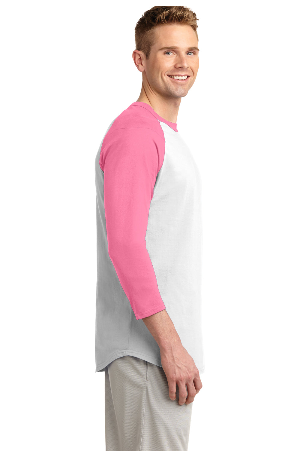 Sport-Tek T200 Mens 3/4 Sleeve Crewneck T-Shirt White/Pink Side