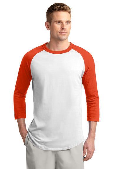 Sport-Tek T200 Mens 3/4 Sleeve Crewneck T-Shirt White/Orange Front