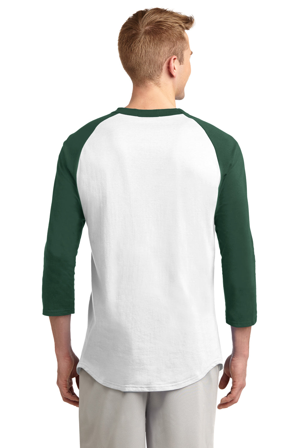 Sport-Tek T200 Mens 3/4 Sleeve Crewneck T-Shirt White/Forest Green Back