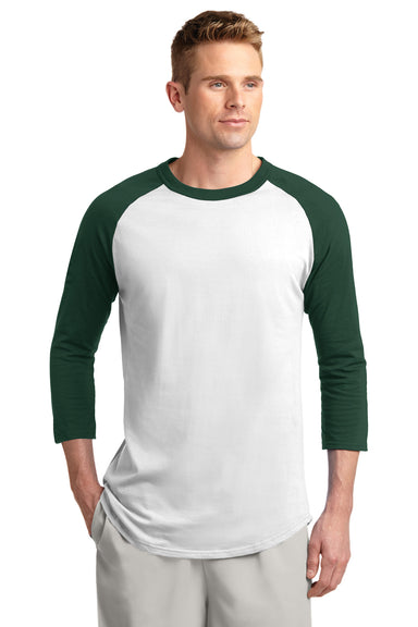 Sport-Tek T200 Mens 3/4 Sleeve Crewneck T-Shirt White/Forest Green Front