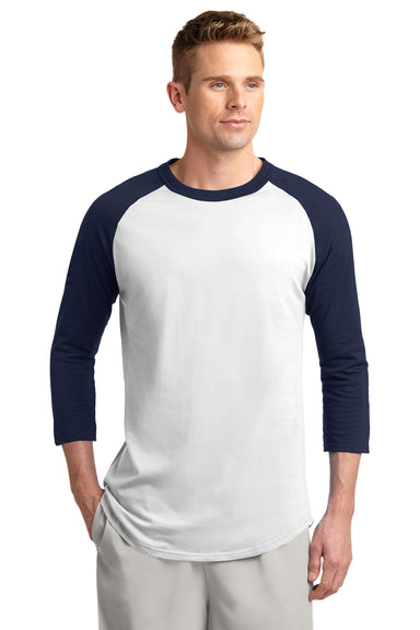 Sport-Tek T200 Mens 3/4 Sleeve Crewneck T-Shirt White/Navy Blue Front