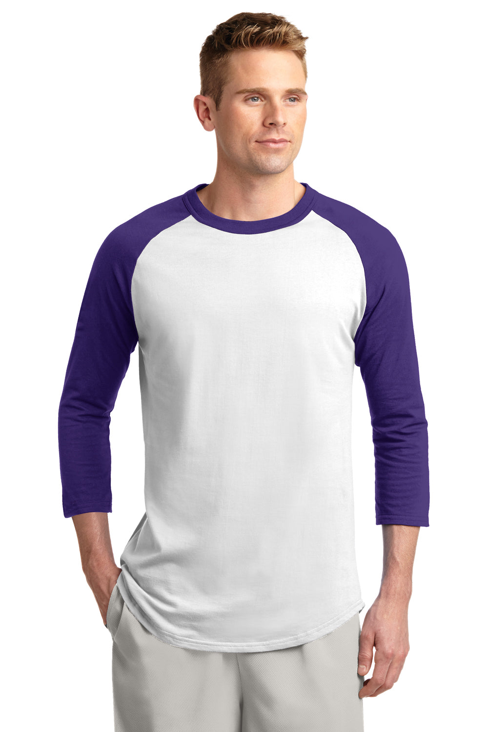 Sport-Tek T200 Mens 3/4 Sleeve Crewneck T-Shirt White/Purple Front