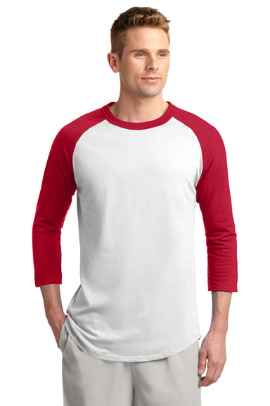Sport-Tek T200 Mens 3/4 Sleeve Crewneck T-Shirt White/Red Front