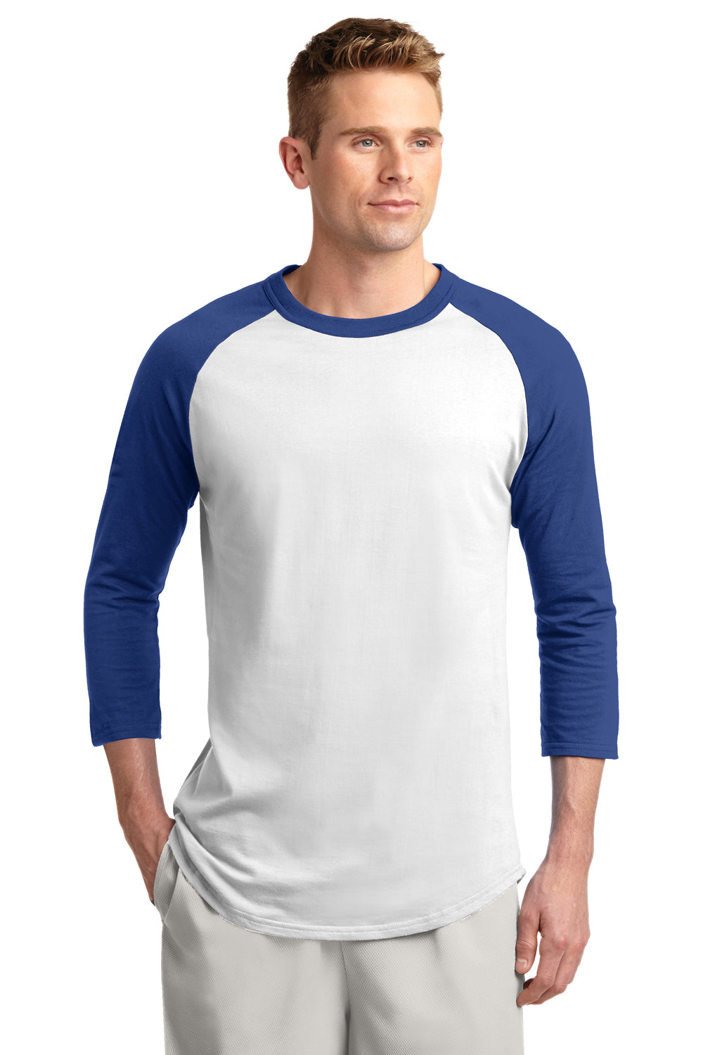 Sport-Tek T200 Mens 3/4 Sleeve Crewneck T-Shirt White/Royal Blue Front