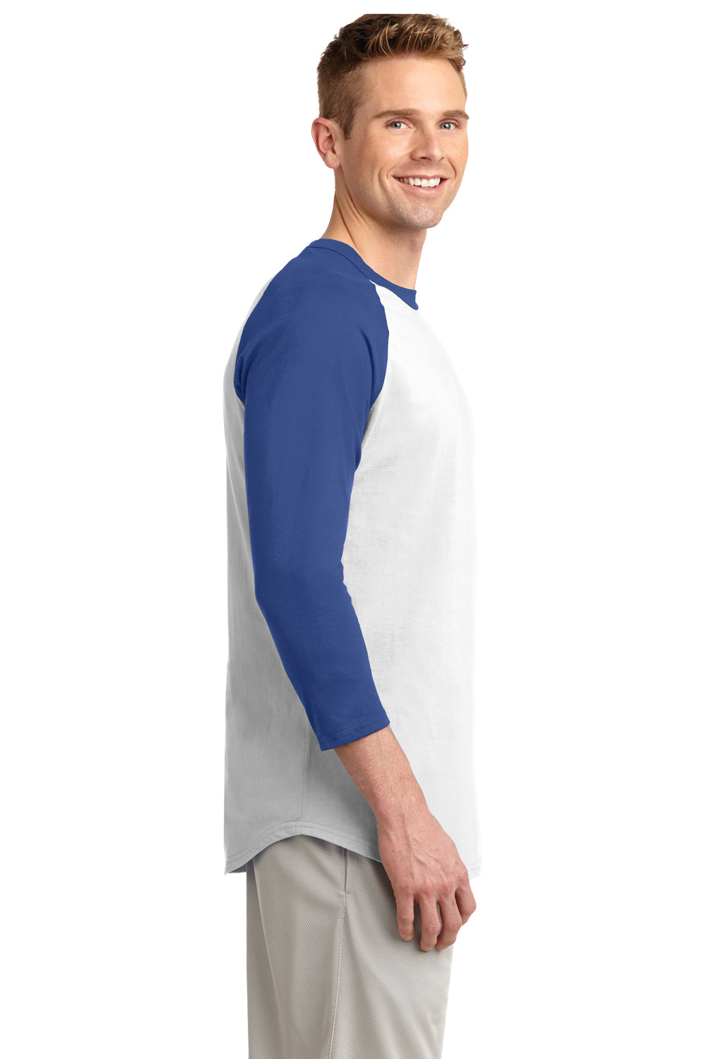 Sport-Tek T200 Mens 3/4 Sleeve Crewneck T-Shirt White/Royal Blue Side