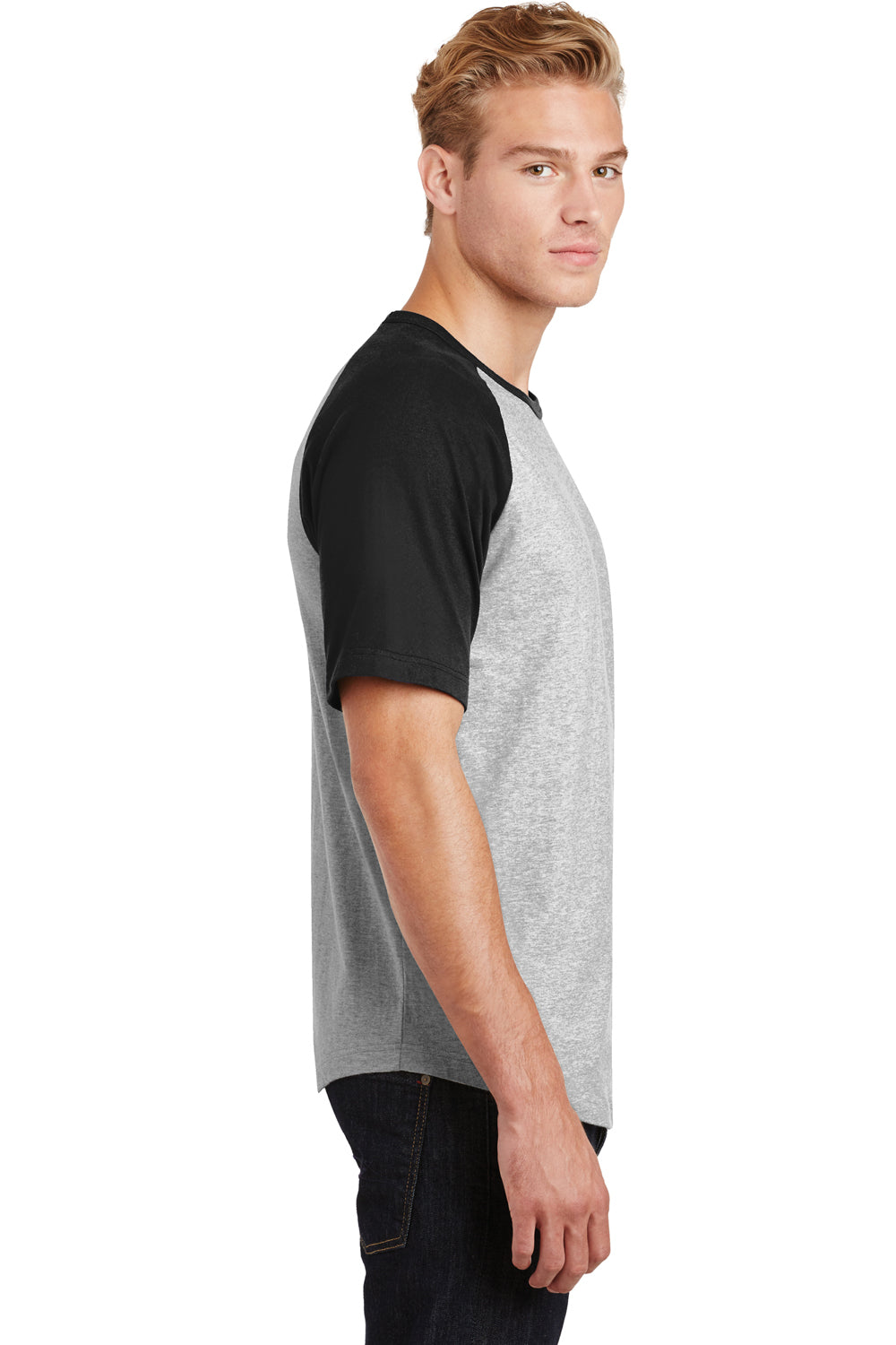 Sport-Tek T201 Mens Short Sleeve Crewneck T-Shirt Heather Grey/Black Side