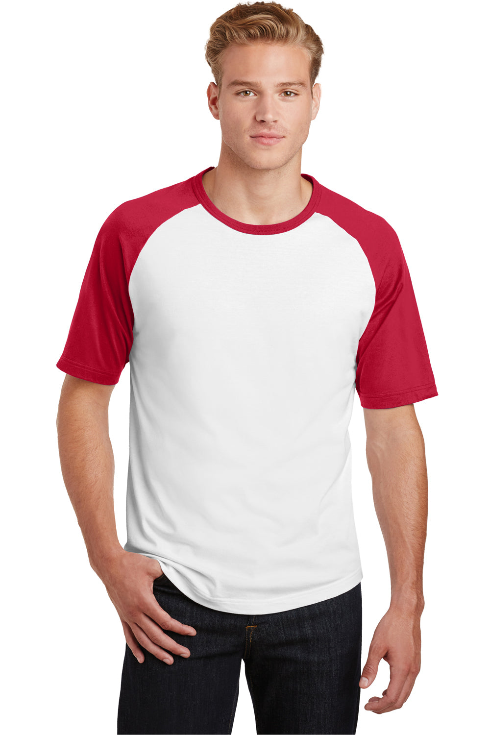 Sport-Tek T201 Mens Short Sleeve Crewneck T-Shirt White/Red Front
