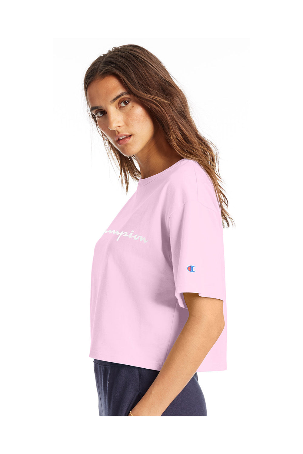 Champion T453W Womens Heritage Cropped Short Sleeve Crewneck T-Shirt Candy Pink Side