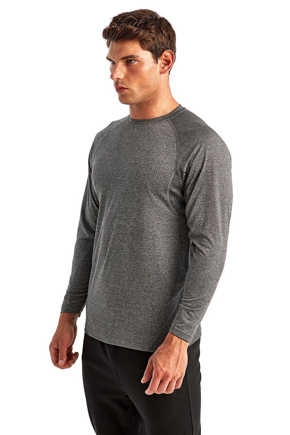 TriDri TD050 Mens Panelled Tech Moisture Wicking Long Sleeve Crewneck T-Shirt Black Melange 3Q