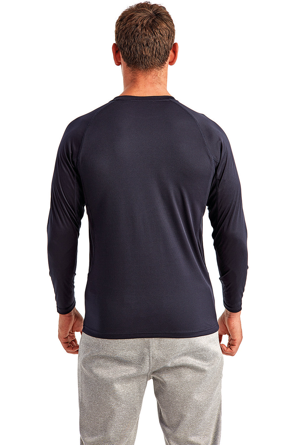 TriDri TD050 Mens Panelled Tech Moisture Wicking Long Sleeve Crewneck T-Shirt French Navy Blue Back